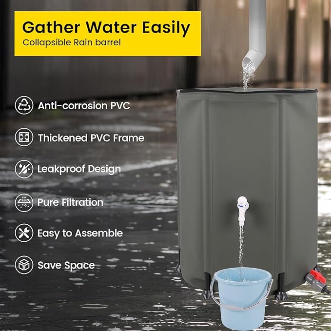 Doppy 53 Gallon Collapsible Rain Barrel, Portable PVC Rainwater Collection Barrel with Spigot & Overflow Kit, Rainwater Collection System for Gutter Rainwater