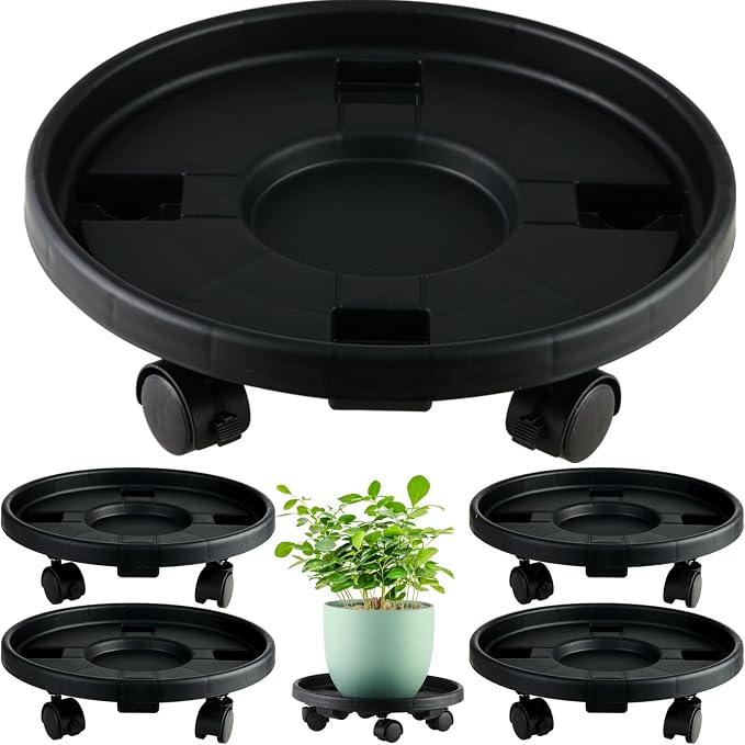 5 Pakcs Large Plant Caddy with Wheels 15.8" Rolling Plant Stands Heavy-duty Plastic Plant Roller Base Pot Movers Plant Saucer on Wheels Indoor Outdoor Plant Dolly with Caster Tray Coaster Black