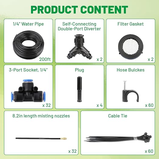Drip Irrigation System 200ft, 360° Adjustable Garden Sprinkler Kit with 32 Brass Heads, Automatic 1/4" Irrigation Tubing for Raised Bed Lawn Vegetables Outdoor Plants