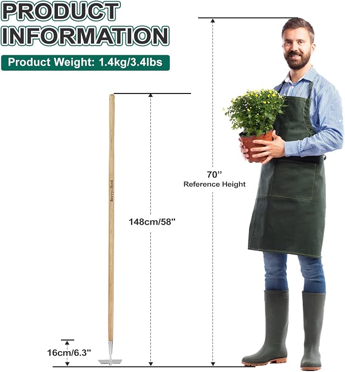 Berry&Bird Flat Edge Garden Hoe, 58'' Hoes Garden Tool with Long Wood Handle, Stainless Steel Weeding Hoe, Heavy Duty Weeder Hoe Tool for Gardening Digging Soil Loosening, Edging & Cultivating
