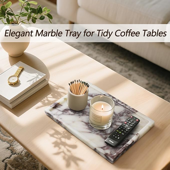 YMXYJM 100% Real Luxury Natural Marble Vanity Tray Genuine Calacatta Viola Marble Stone Storage Trays for Home Decor Bathroom Vanity Dresser Kitchen, Non-Resin/Non-Ceramic, 11.7" x 7.8"