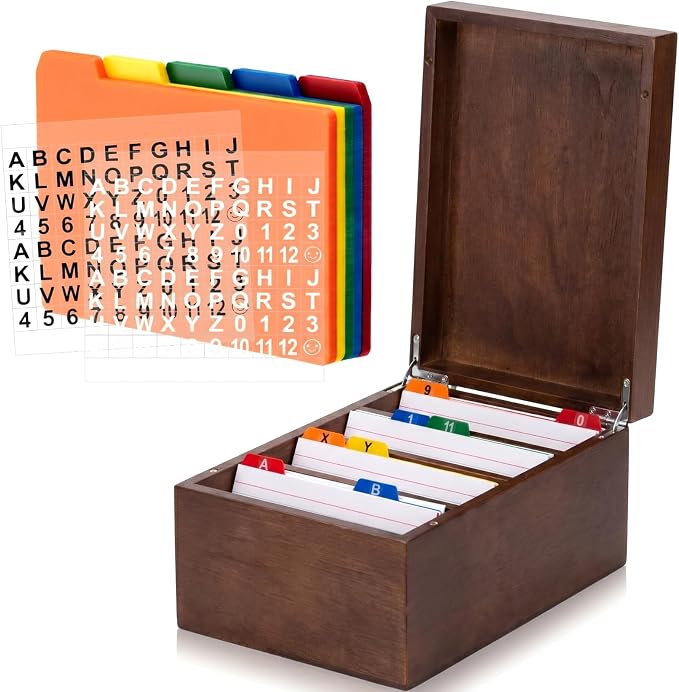 Henoyso 4 x 6 Inch Index Card Holder Set, Bamboo Index Cards Organizer, 50 Pcs Dividers 2 Sheets Alphabet Number Stickers File Note Holders for Office Business Classroom, Brown