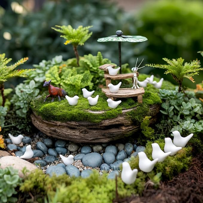 Sieral 100 Pcs White Mini Bird Figurines Miniature Resin Bird Statues Small Animal Statues Fairy Garden Accessories for Micro Garden Landscape Dollhouse Cake Potted Plants DIY Craft, 0.59" x 0.67"