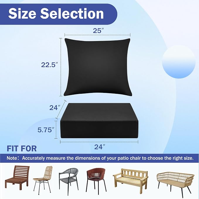 Outdoor Chair Cushions, 24 x 24 Inch Outdoor Cushion for Patio Furniture, Patio Chair Cushion, Waterproof & Fade Resistant Deep Patio Furniture Cushions Set with Handle and Ties, Black (Set of 6)