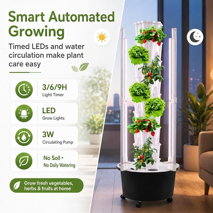 8 Tier Hydroponic Tower Garden - Indoor Vertical Gardening System 48 Holes with LED Grow Light & Self-Watering Pump, for Strawberries Lettuce Herbs, Home Grow Kit with Timer & Wheels