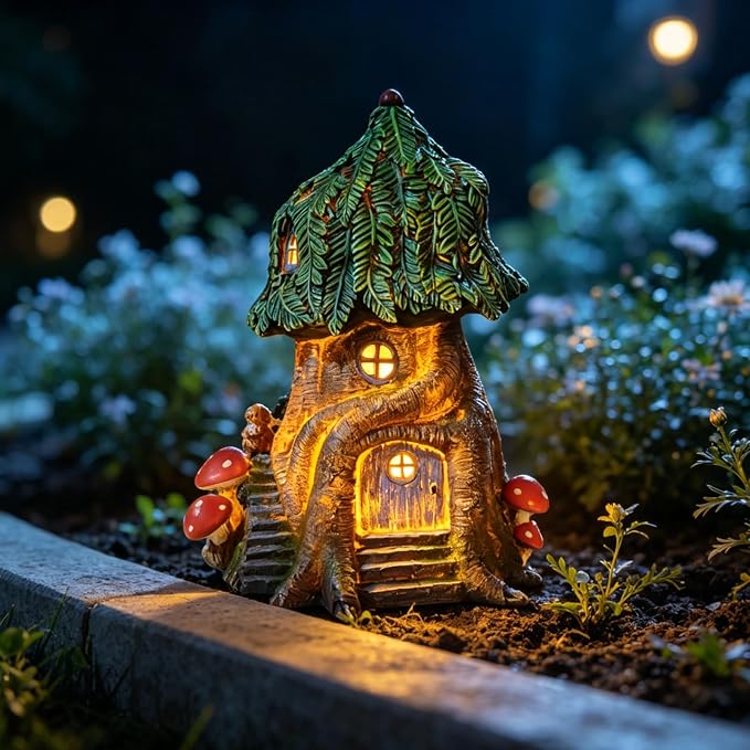 COWOS Solar Light Fairy Tree House, Fairy Garden House Statues, Tree House Figurines with Solar Light for Indoor Outdoor Art Decorations, Patio Yard Lawn Ornaments Gift