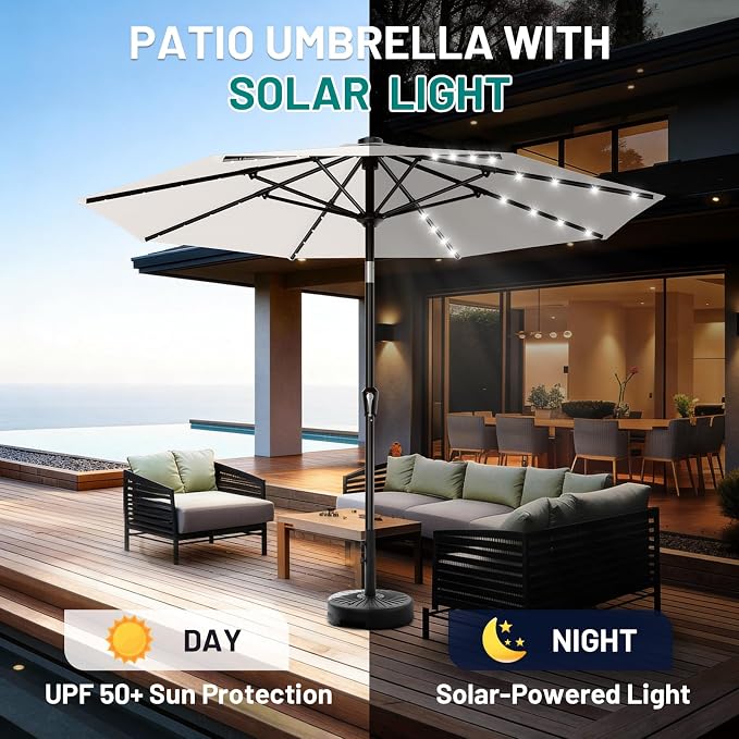 AreShark 9FT Patio Umbrella with Solar Lights, 32 Lighted Pool Umbrella w/Tilt and Crank, Outdoor Market Solar Umbrellas for Garden, Deck, Backyard, Pool and Beach, Cream-White