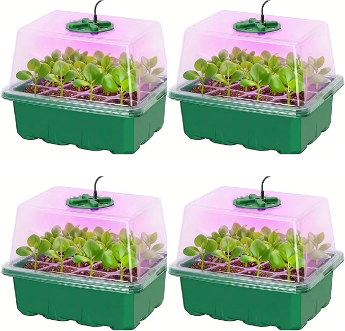Seed Starter Tray with Grow Light, 4 Pack Seed Starter Kit with Adjustable Humidity Dome, 12-Cell Seedling Trays with Full Spectrum LED for Indoor Plant Germination, Green