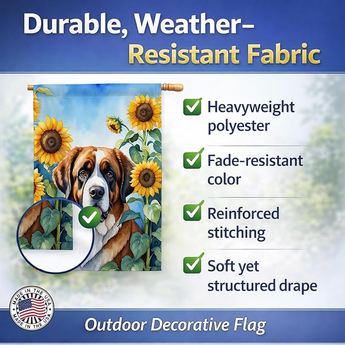 Caroline's Treasures DAC6151CHF Saint Bernard in Sunflowers House Flag Large Porch Sleeve Pole Decorative Outside Yard Banner Artwork Wall Hanging, Polyester, House Size, Multicolor