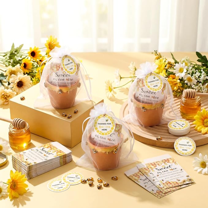 Ctosree 50 Sets Sweet As Can Bee Baby Shower Favors for Guests Honeybee Seed Packets Bulk Include Self Adhesive Seed Packets Flowerpot Thank You Tags Organza Bags for Sweet Bee Theme Baby Shower