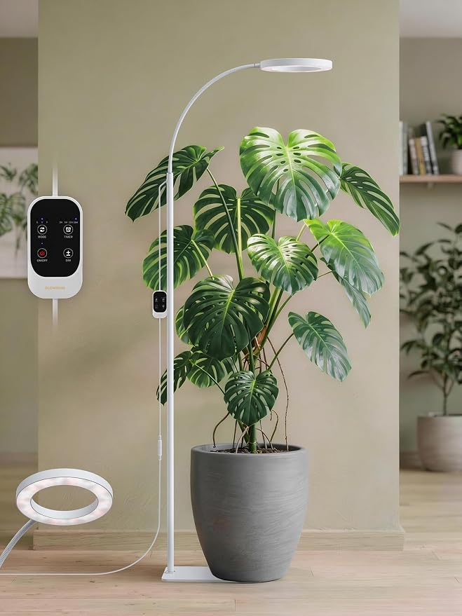 GLOWRIUM Grow Lights for Indoor Plants, Full Spectrum LED Grow Light Floor Lamp with Stand Adjustable Height and Angle, Black Plant Light with 3/9/12H Grow Light Timer (White, Single Head)