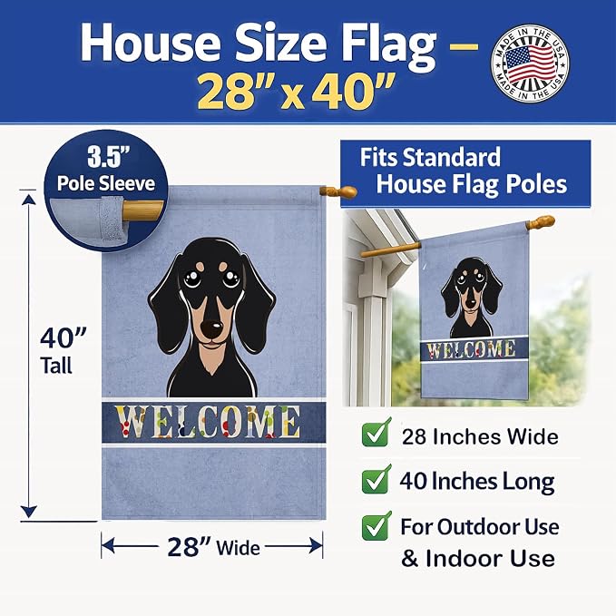 Caroline's Treasures BB1401CHF Smooth Black and Tan Dachshund Welcome House Flag, Blue Large Porch Sleeve Pole Decorative Outside Yard Banner Artwork Wall Hanging, Polyester, House Size, Multicolor