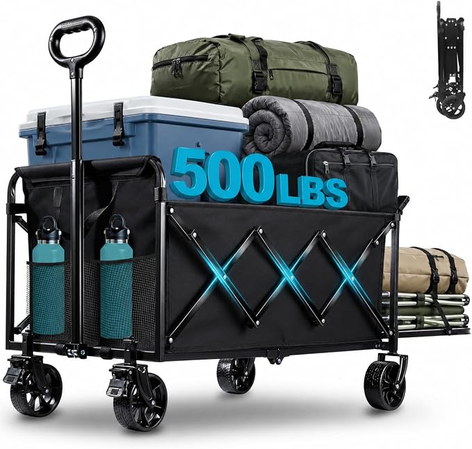 Collapsible Wagon Cart, 300L Folding Wagon with Tailgate & Brakes | extra large wagon cart with rear tailgate, brakes, large all-terrain wheels for camping, groceries, beach, outdoor hauling