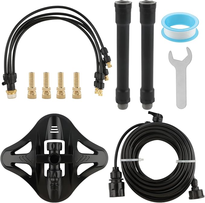 Standing Misters for Outside Patio, 35Inch Adjustable Height Misting Sprinkler with 4 Nozzles, Cooling Misting System Line 26.25FT, Anti-Leak Design, Outdoor Mister for Garden, Backyard, BBQ
