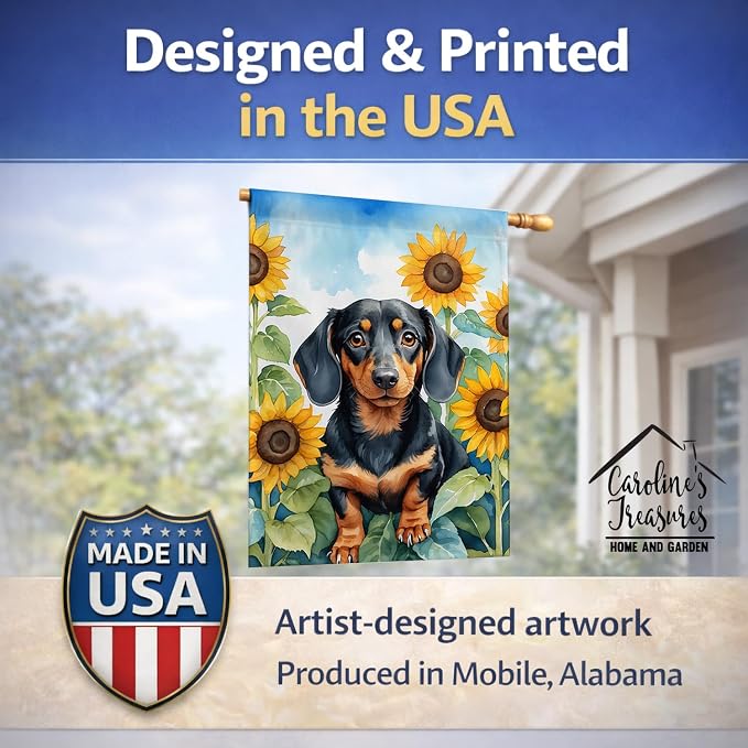 Caroline's Treasures DAC6066CHF Dachshund in Sunflowers House Flag Large Porch Sleeve Pole Decorative Outside Yard Banner Artwork Wall Hanging, Polyester, House Size, Multicolor