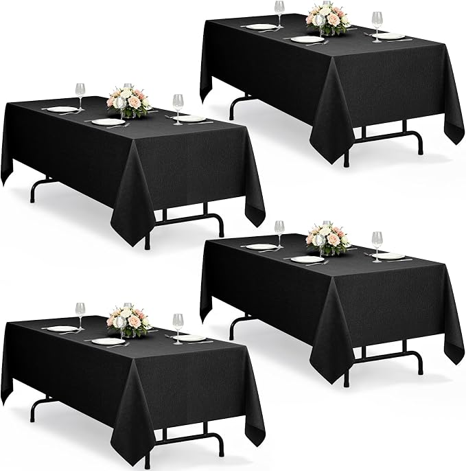 Decorelia Waterproof Black Table Cloths for Rectangle 8 Ft Table-4 Pack, Washable Polyester Rustic Faux Linen Reusable Table Cloth Cover for Wedding,Outdoor,Events, Party,Banquet, Dining, 60x120 Inch
