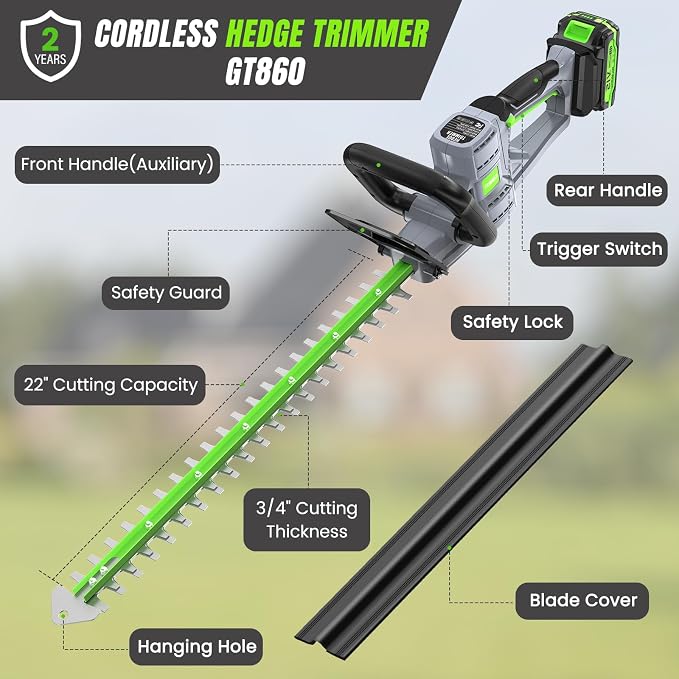 Hedge Trimmer Cordless 22" - 21V Powerful Electric Hedge Trimmer with 2 x 2.0Ah Batteries and Fast Charger, Easy to Use, 3200RPM Lightweight Battery Powered Bush Trimmers for Garden, Yard Care, GT860