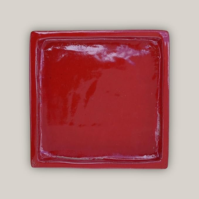 13.5 Inch Plant Saucer (Ceramic) - Square Red Flower Pot Tray - Handcrafted, Durable Planter Base
