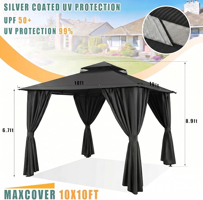 COBIZI 10x10 Gazebo with Double Roof & Mosquito Netting Outdoor Heavy-Duty Party Tent, Patio Tent with Zipper Screens - Backyard Garden Lawn Shelter Includes Wind Ropes Expansion Bolts, Black