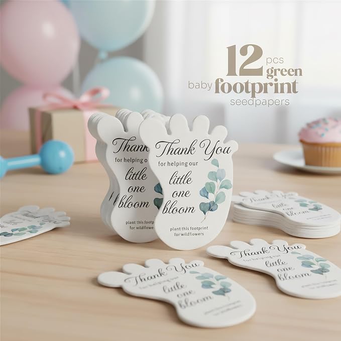 12pcs Green Footprint-Shaped Gift Tags with Wildflower Seeds - Writable Gift Wrap Tags for Baby Showers, Mother's Day Present, Party Favors, DIY Crafts, & Earth Day Decorations