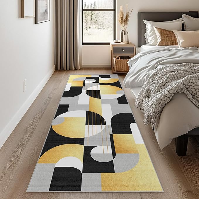 2x6 Black and Gold Geometric Modern Runner Rug for Kitchen Entryway Hallway Abstract Area Rug Machine Washable Non-Slip Carpet for Bedroom Bathroom Bedside
