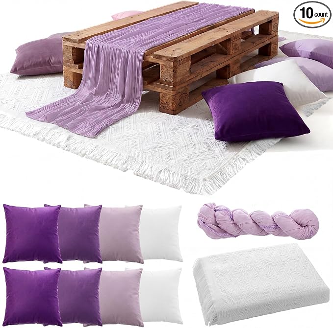 Moukeren 10 Pcs 71''x102'' Extra Large White Outdoor Boho Picnic Blanket with Table Runner and 8 Throw Pillow Covers Oversized Washable Portable Beach Blanket for Picnic Camp Lawn Wedding