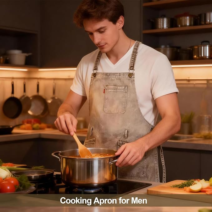 Denim Chef Apron for Women with Pockets, Jean Waitress Server Kitchen Apron for Men Cooking Gardening Painting