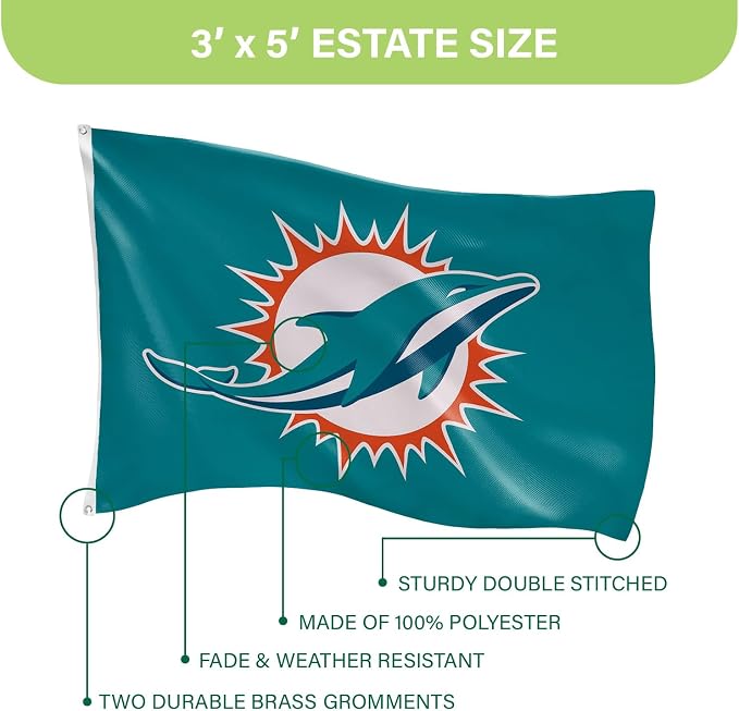 Team Sports America NFL Miami Dolphins 3 x 5 Outdoor Durable House Flag with Grommets | Sport Team Flag & Banner | Indoor Wall Decoration for Room