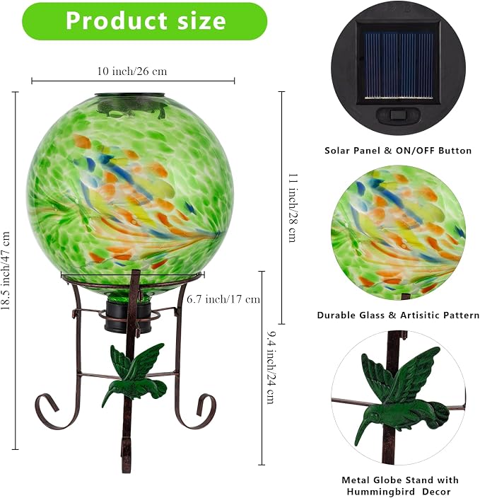 10 Inch Solar Glass Gazing Ball with 9.4" H Metal Stand | Solar Globe Ball Light Display Holder Set for Outdoor Garden Lawn Yard Decoration, Green Artistic
