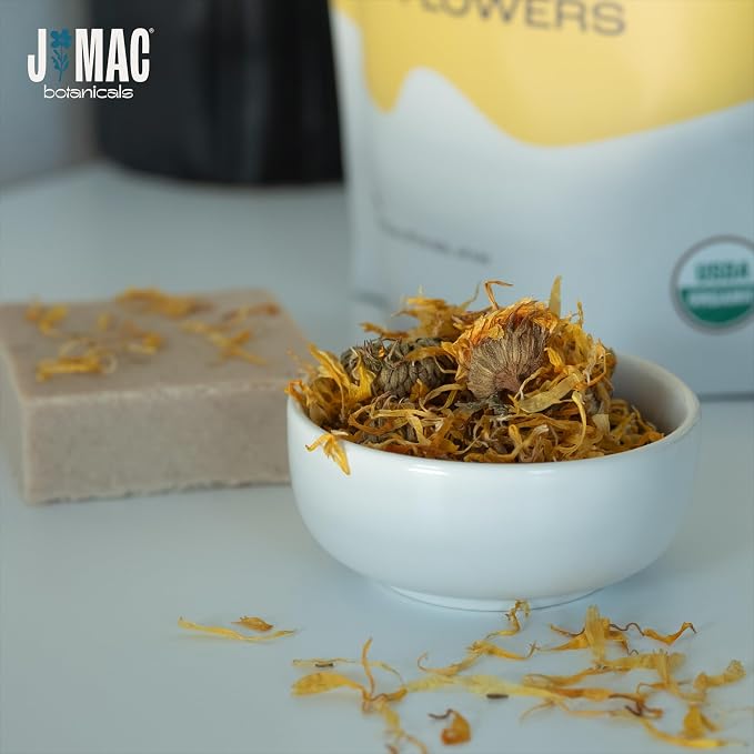 J Mac Botanicals, Organic Calendula Flower (4 ounce), whole dried flowers and petals, loose leaf tea, marigold flower, USDA Certified Organic. Great for loose leaf teas, cocktail bombs, salve