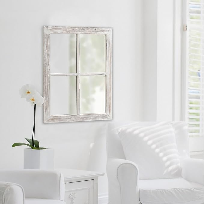 Farmhouse Window Pane Mirror, Washed White, 18 X 23 Inch | Hanging Rectangle Faux Window Mirrors, Handmade Rustic Wood Framed Windowpane Mirror for Kitchen, Horizontal or Vertical