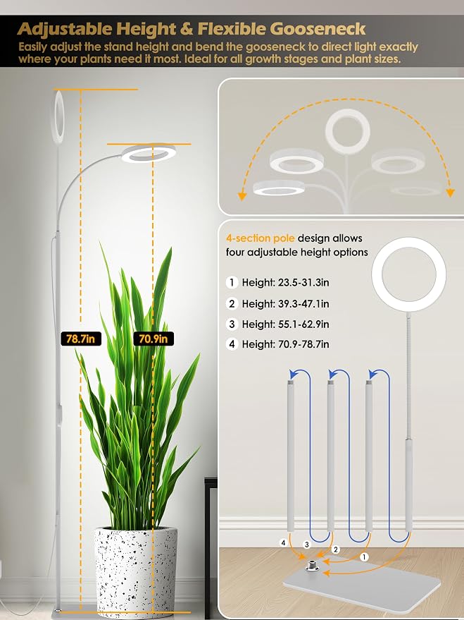 GLOWRIUM Grow Lights for Indoor Plants, Full Spectrum LED Grow Light, Stepless Dimming,3 Lighting Mode and Adjustable Height, Plant Light with 3/9/12/16H Timer (White, Single Head)