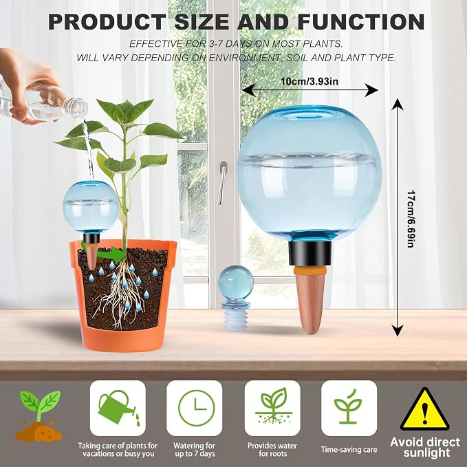 2 Pack Self Watering Globes 17oz Large Plant Watering Globes Top Fill, Self Water Planter Insert Indoor/Outdoor Plastic Water Bulbs Slow Release Terracotta for Plants, Blue
