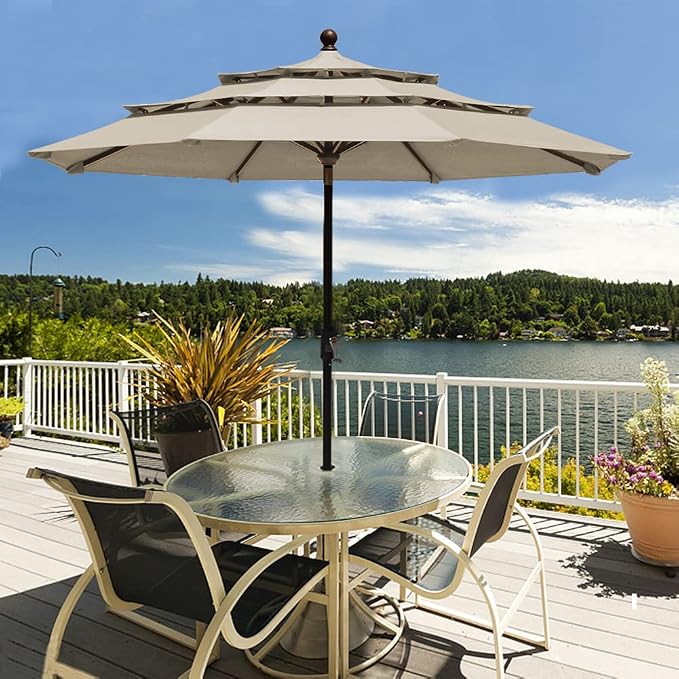 EliteShade USA 10-Year-Non-Fading 9ft 3-Tier Market Patio Umbrella, Commercial Grade Outdoor Table Umbrella with Crank Open, Windproof & UPF 50+ UV Protection, Heavy Duty Ventilation for Garden, Deck, Pool, Backyard, Beach & Bistro, Antique Beige