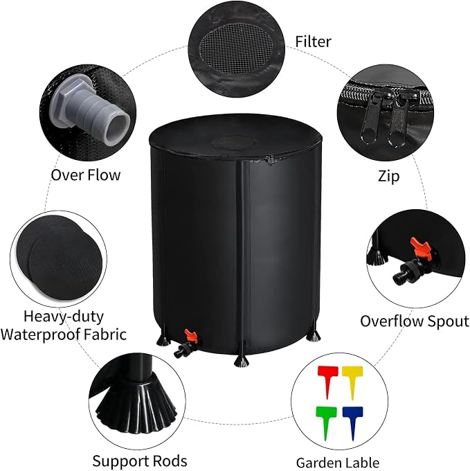 50 Gallon Collapsible Rain Barrel, Portable Rainwater Collection System, Rain Catcher Barrel, Water Storage Tank with Two Spigots and Overflow Kit, Rain Water Barrel Collector for Garden, Black