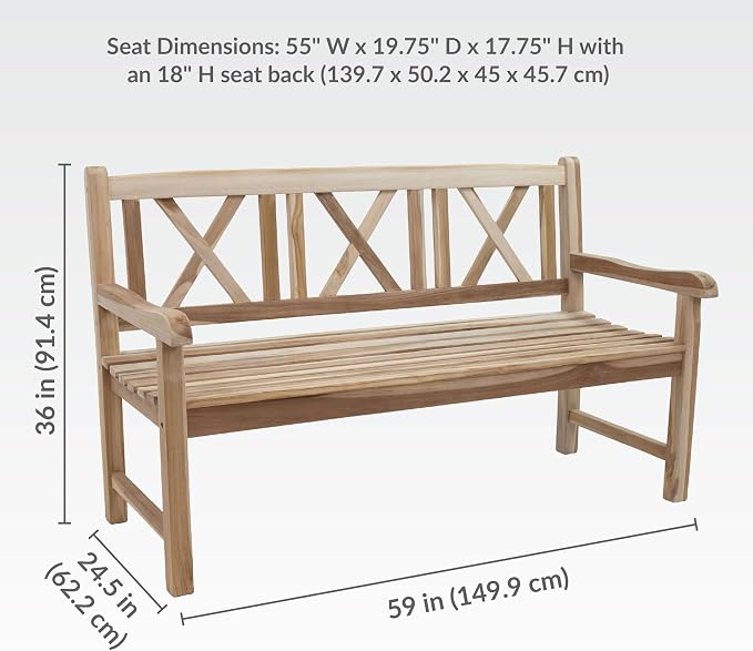 Sunnydaze 2-Person Outdoor Bench for Front Porch or Park - Wooden Teak Patio Garden Bench with Backrest - 675 lb Weight Capacity - Crossback