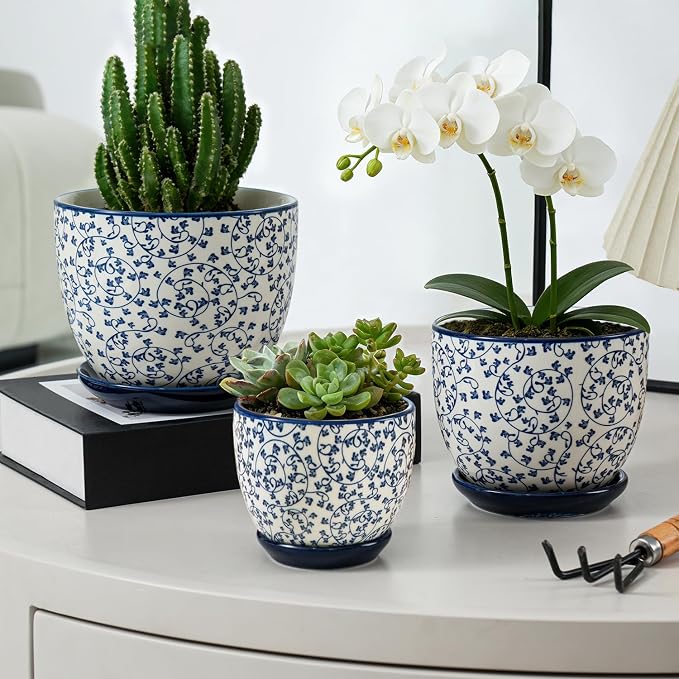 Ceramic Plant Pots - 3.5"+4.5"+5.6" Flower Pots with Drainage Holes and Saucers - Planters for Indoor Plants Orchid, Cactus, Herbs, Succulent, Home Office, Set of 3, Vintage Blue, Scroll