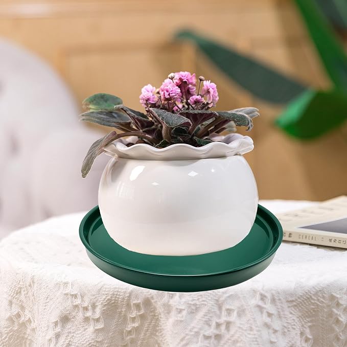 Yukfona Ceramic Plant Saucer Tray 2 Pcs 6.4 Inch Green, 6.4" OD x6.02 ID x0.9 Deep| Fits Flower pots Bottom≤ 6.02", Heavy Duty Glazed Round Planter Drip with Catch Basin for Indoor Outdoor Plants