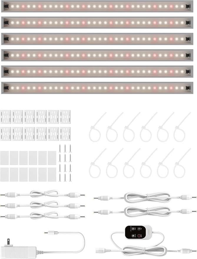 T5 Smart Grow Light for Indoor Plants,3500K Full Spectrum LED Plant Light Strips with 3/9/12H Auto Timer,Stepless Dimming,Modular Design，Plug and Play (White, 6 Pack)