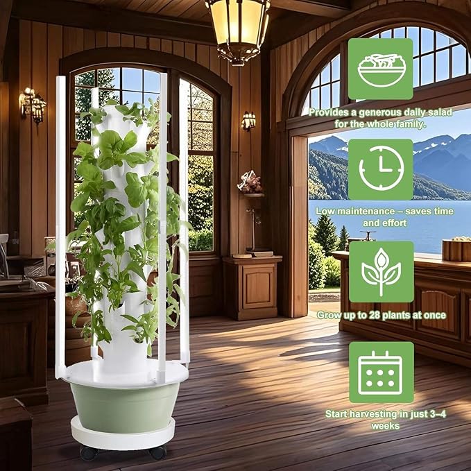 Hydroponic Growing Kit System, Tower Garden Hydroponic Tower with 4 LED Grow Lights, 7 Layer 28 Pots Planter, Indoor Herb Garden Planter for Lettuce, Veggies, and Fresh Greens
