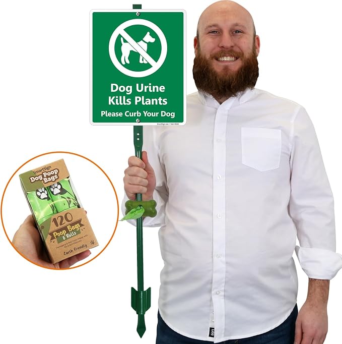SmartSign Dog Urine Kills Plant Please Curb Your Dog Yard Sign & Clip-On Preloaded Dispenser Combo/Kit with 135 Dog Poop Waste Bags, 10"x12" Rust-proof Aluminum Sign with 3ft Steel Stake