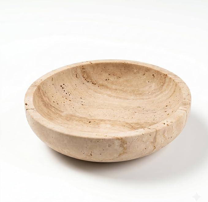 Natural Marble Travertine Decorative Bowl - 7.8" Honed Yellow Stone | Organic Modern Centerpiece Key Dish for Keys Entryway Table - Coffee Table Decor - Bedside Ring Jewelry Holder Tray