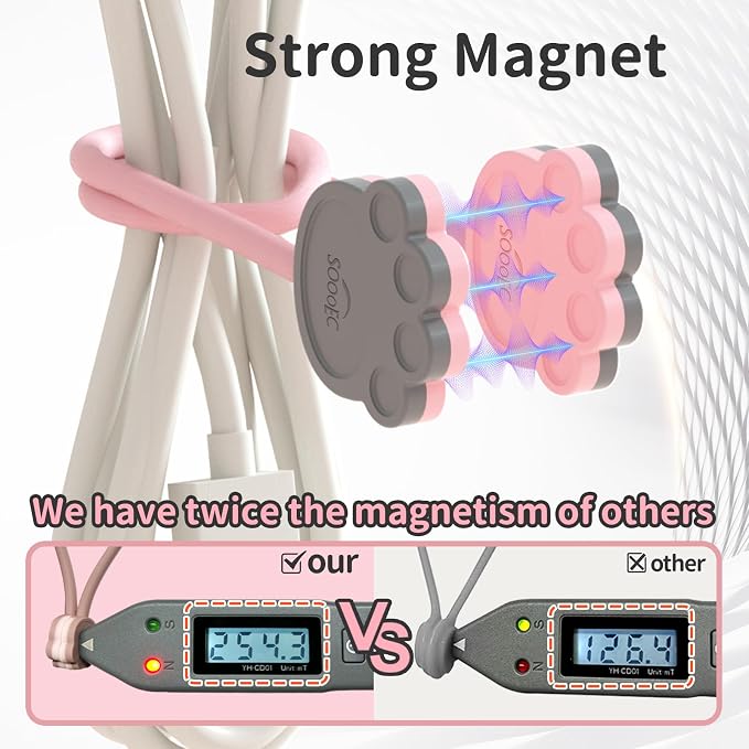 SOOOEC Magnetic Cable Ties, 32 Pack 7.2" Magnetic Cord Organizer Cute Cat's Paw Design, Silicone Twist Ties with Strong Magnet for Bundling and Cable Management, Fridge Magnets.