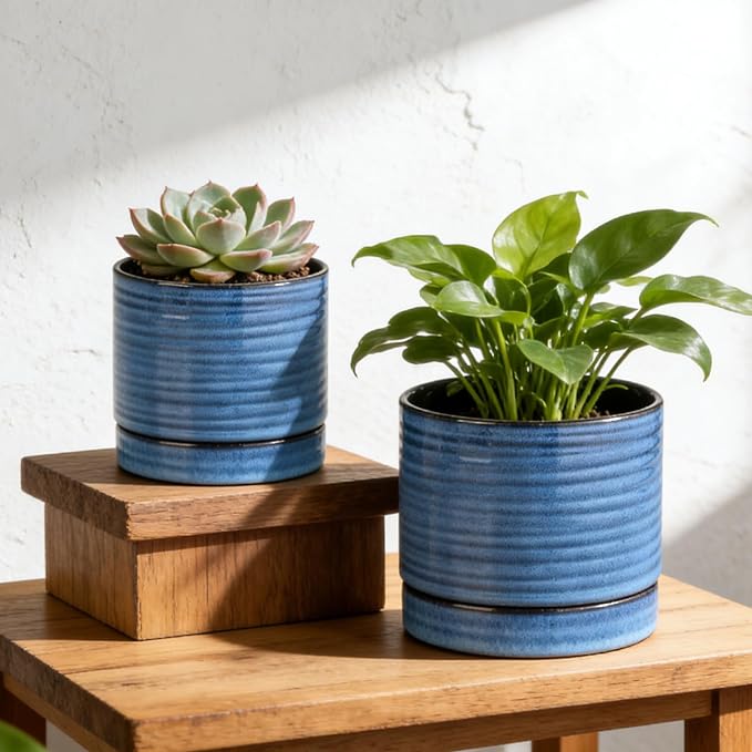 HASENSE Ceramic Pot for Indoor Plant, 8+6+4.6 Inch Planter with Drainage Holes and Saucer, Reactive Glaze Blue Flower Pots for Home Office Decor, Set of 3