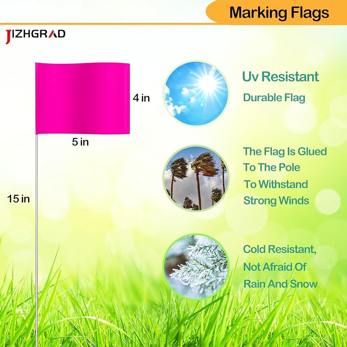 200Pack Pink Marking Flags, JIZHGRAD 15x4x5 Inch Marker Flags Use for Yard & Lawn, Boundary & Dog Training, Survey & Landscape, Sprinkler & Surveyor, Garden & Construction, High Visibility, Sturdy, Versatile, UV & Weather Resistant