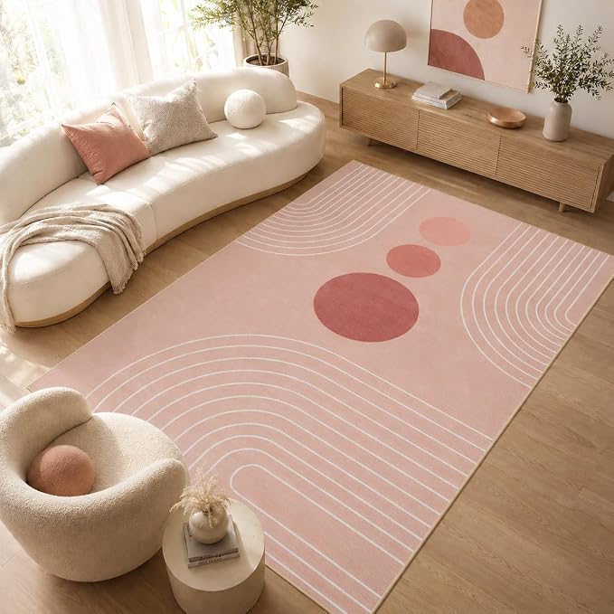 Area Rug 5x7 Boho Modern Minimalist Geometric Abstract Rug Pink Mid Century Modern Rug for Living Room Machine Washable Non-Slip Printed Low Pile Indoor Carpet for Bedroom Dining Room Office Pink