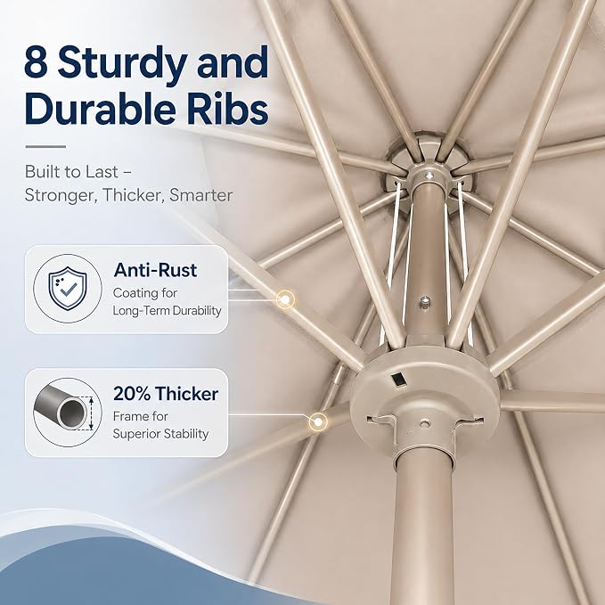 9FT Patio Umbrella, Outdoor Table Umbrella with Rope Pulley Lift, 3 Adjustable Heights, Market Umbrellas for Backyard, Pool and Deck, UPF50+
