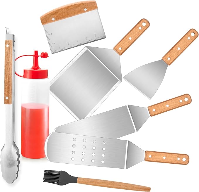 8Pcs Griddle Accessories Kit for Blackstone, Joyfair Flattop Grilling Accessory Tool Set with Stainless Steel burger Spatula Turner, Metal Flipper, For Outdoor BBQ Teppanyaki Hibachi, (Wooden Handles)