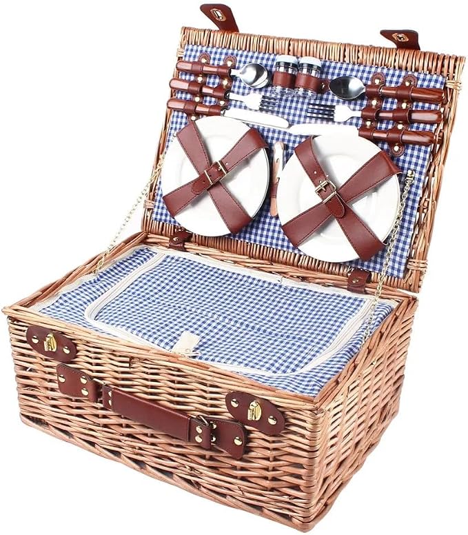 4-Person Handmade Wicker Picnic Basket Set, with Insulated Cooler Compartment, Complete Cutlery Kit, for Outdoor Parties, Picnics, Beach Trips
