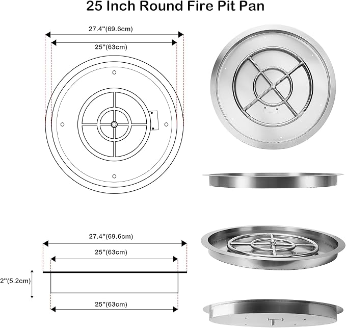 Stanbroil 25 Inch Drop-in Round Gas Fire Pit Kit with Spark Ignition, Propane Gas Version, 304 Stainless Steel